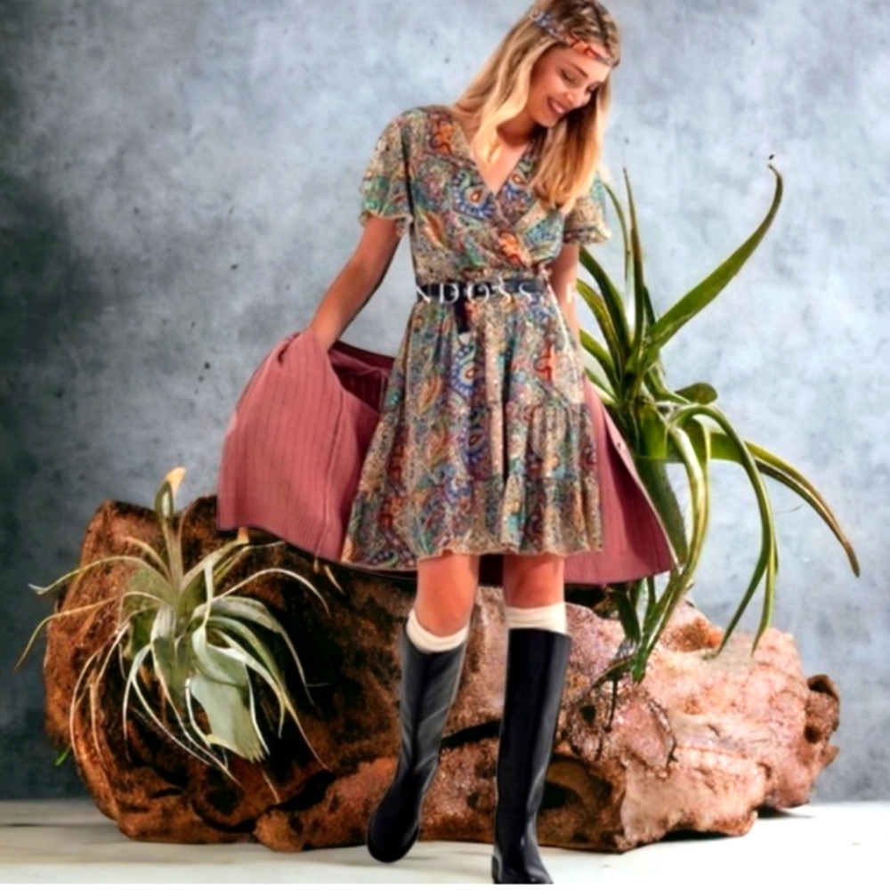 Bohemian Paisley Print Tiered Belted Dress